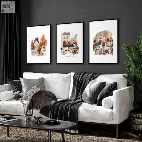 Three paris travel living room wall art prints featuring autumnal scenes of the louvre eiffel tower and montmartre