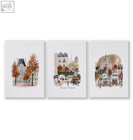 Set of three watercolor parisian cityscape art prints on white canvas perfect for living room wall art decor