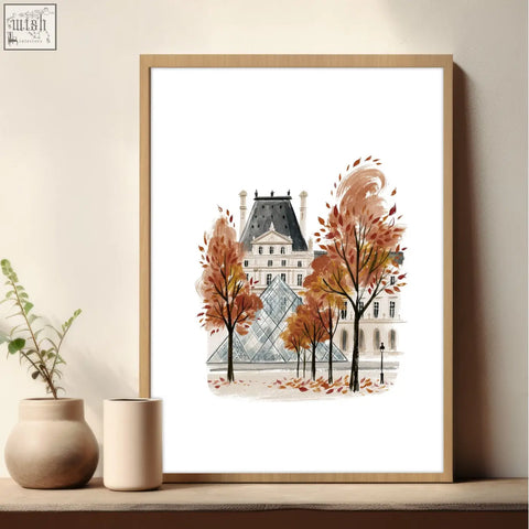 A framed watercolor wall art print of the louvre with autumn trees and glass pyramid for living room decor