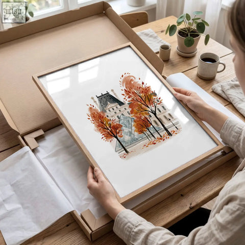 A framed watercolor art print of a paris building with autumn trees in a light wood frame for living room wall art