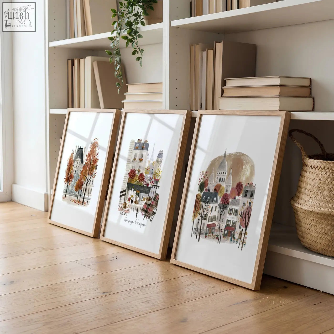 Three warm autumnal parisian scenes in light wood frames perfect wall art prints for your living room decor