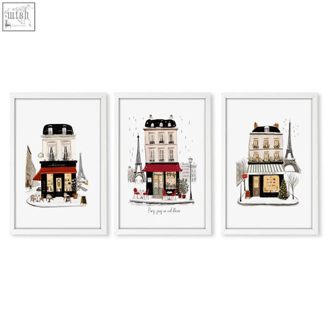 Set of three parisian café-themed wall art pieces in white frames perfect for paris travel décor