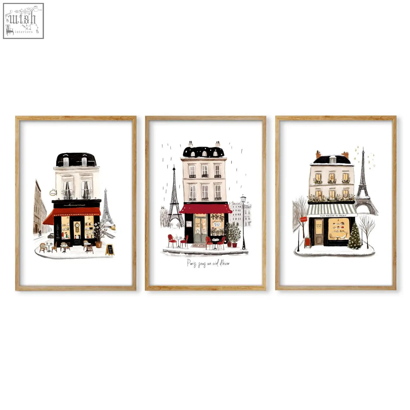 Set of three paris travel wall art pieces featuring illustrated street scenes in light wood frames perfect for decor