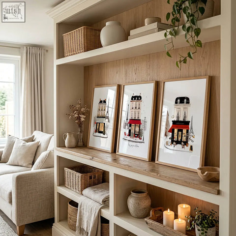 Three paris travel wall art pieces with minimalist wooden frames and illustrated buildings on a rustic shelf
