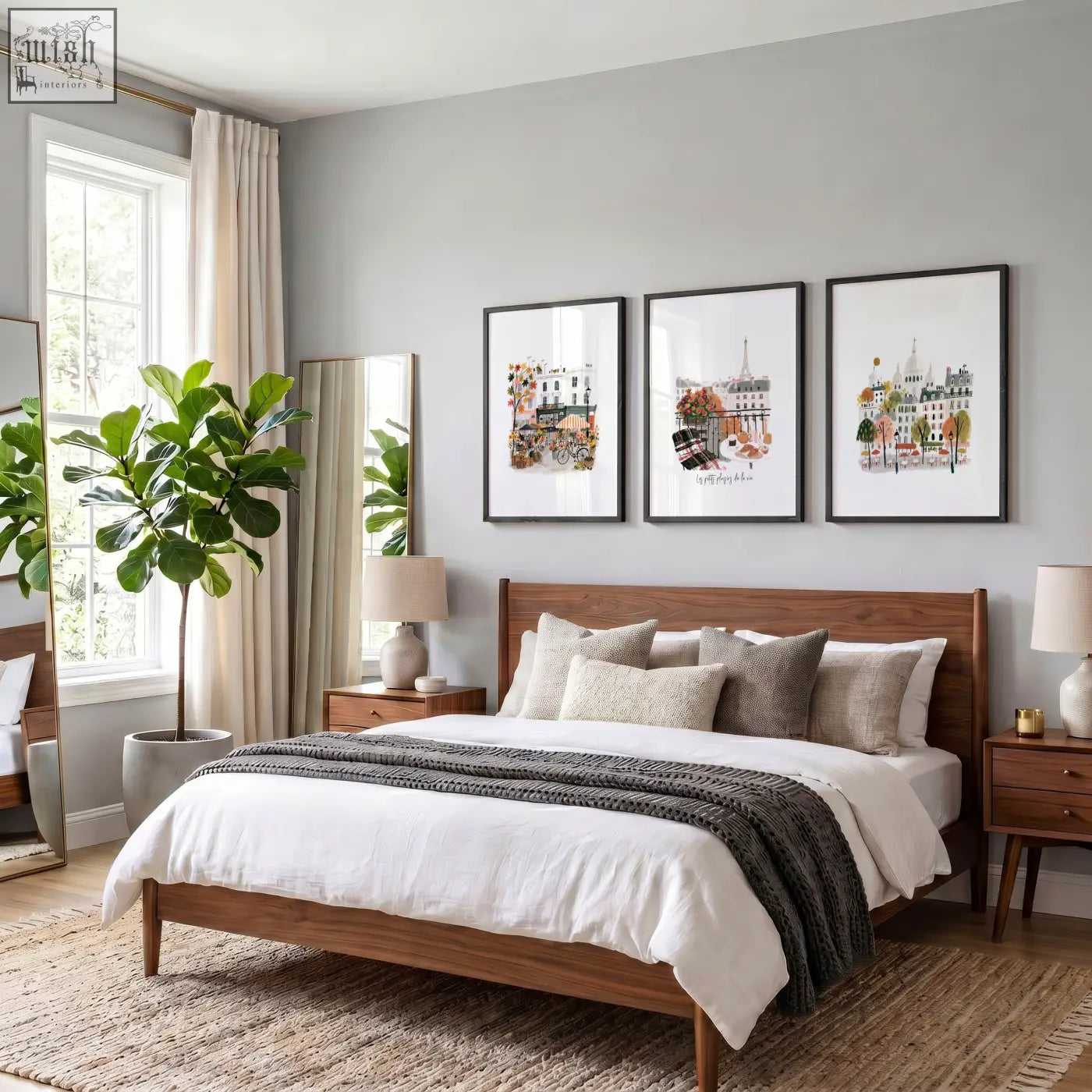 Wooden bed with white duvet and gray throw blanket in paris wall art autumn watercolor scenes set of 3