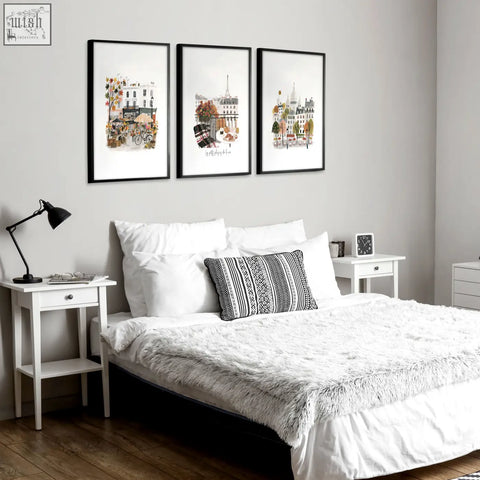 Set of three black-framed paris wall art prints featuring autumn parisian watercolor scenes for home decor