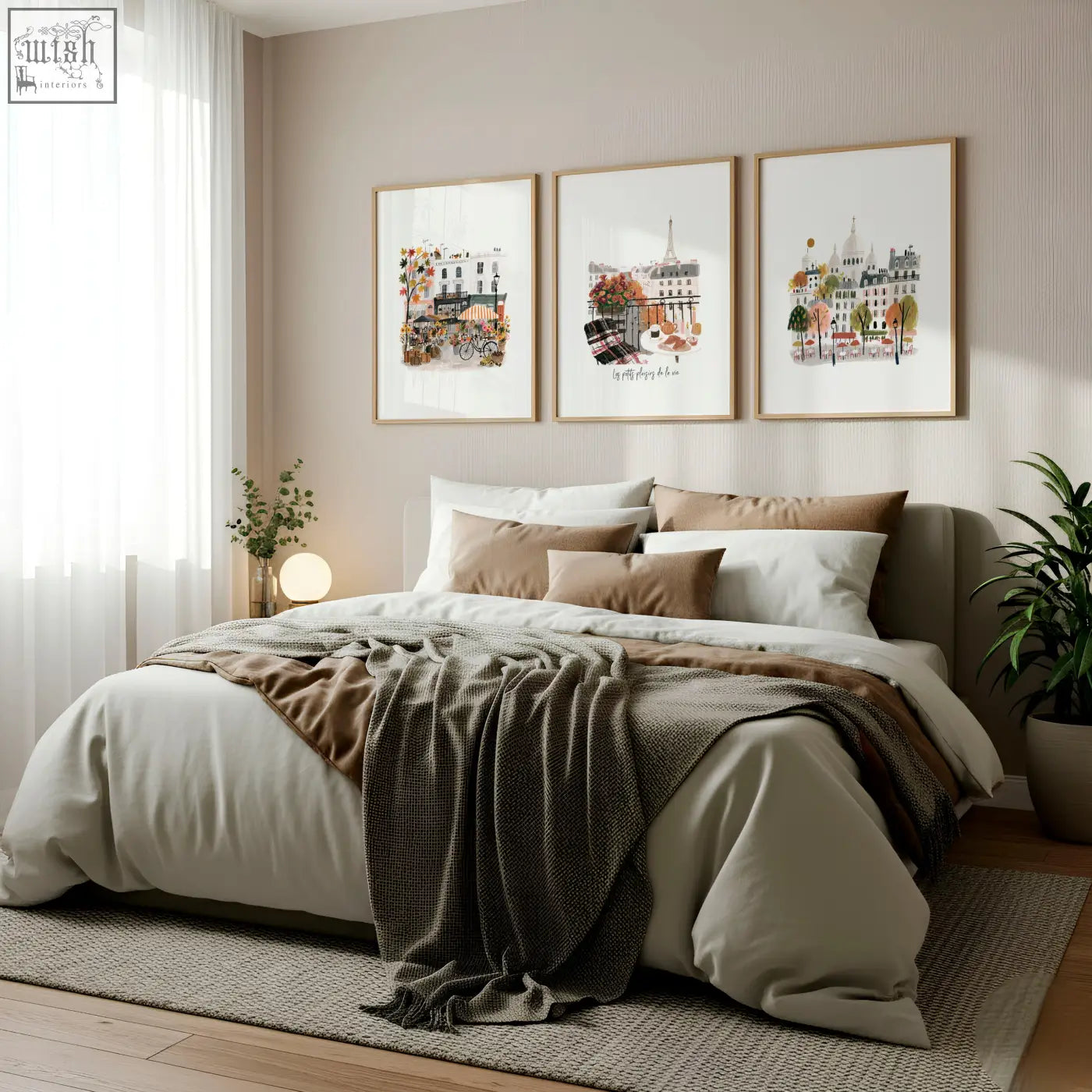 A cozy bed with soft beige and brown bedding and dark gray throw featuring paris wall art autumn watercolor scenes set of 3