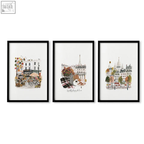 Set of three black-framed paris wall art prints featuring autumn watercolor scenes titled les petits plaisirs de la vie