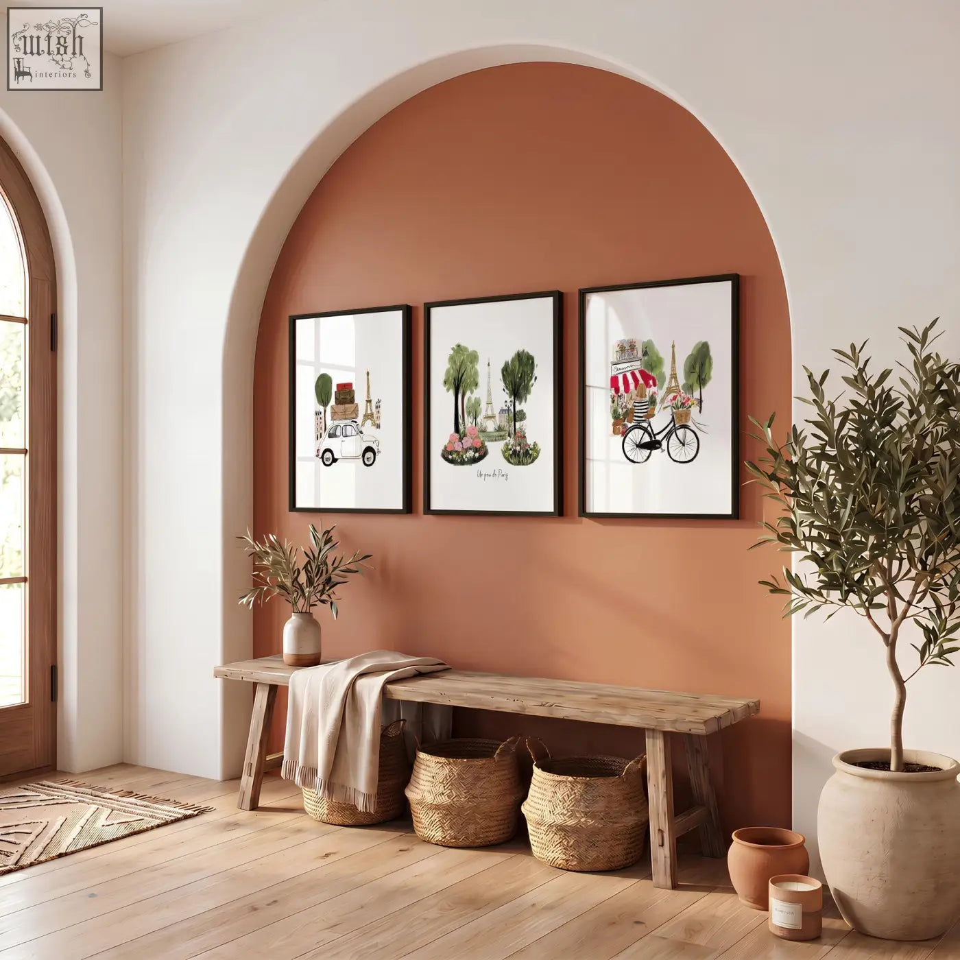 Three framed paris wall art prints featuring eiffel tower designs hang above a rustic wooden bench as decor