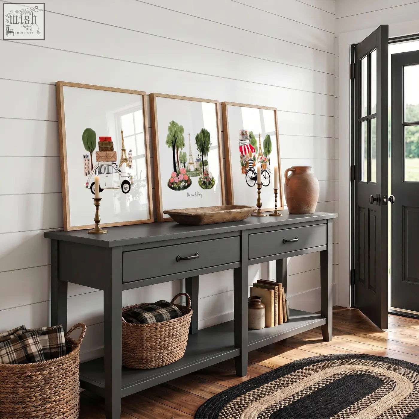 Dark gray wooden console table with drawers and shelves paired with paris wall art eiffel tower travel prints set
