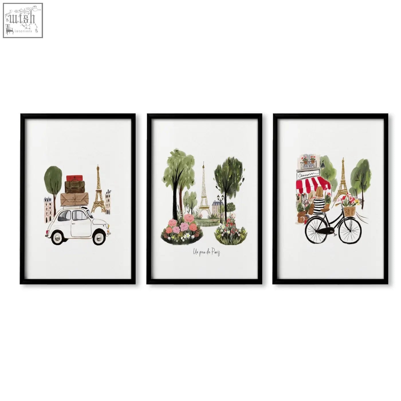 Set of three black-framed paris wall art prints featuring eiffel tower watercolor designs for travel decor