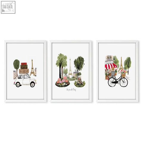Set of three paris wall art prints featuring eiffel tower, vintage white car, and cyclist in watercolor style