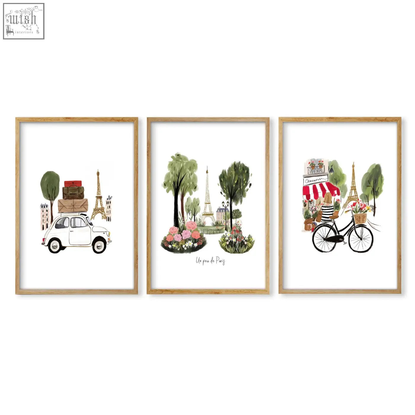 Set of three paris wall art prints featuring eiffel tower, vintage car with luggage, and cyclist in front of flower shop