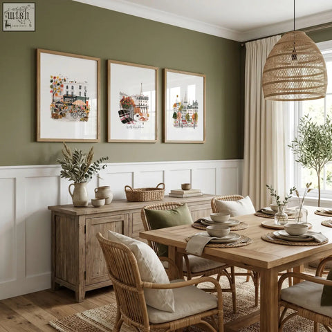 Woven rattan pendant light with natural textured finish complements autumn paris wall art set for living room decor