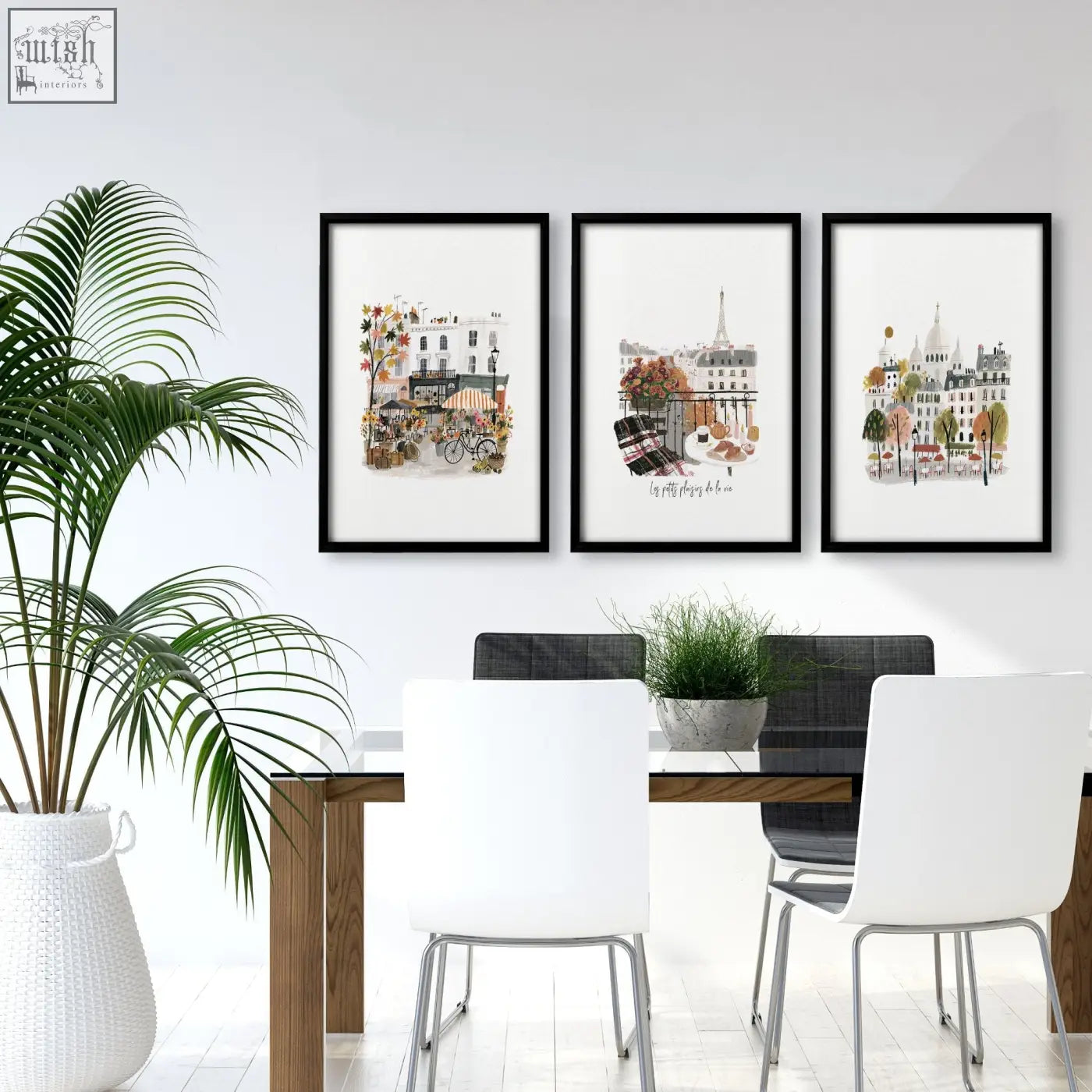 Three framed paris wall art prints with black frames and white mats showing autumn parisian scenes in soft earth tones
