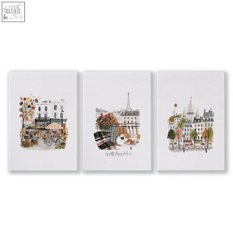 Set of three paris wall art prints with watercolor autumn cityscapes and eiffel tower in soft earth tones for living room