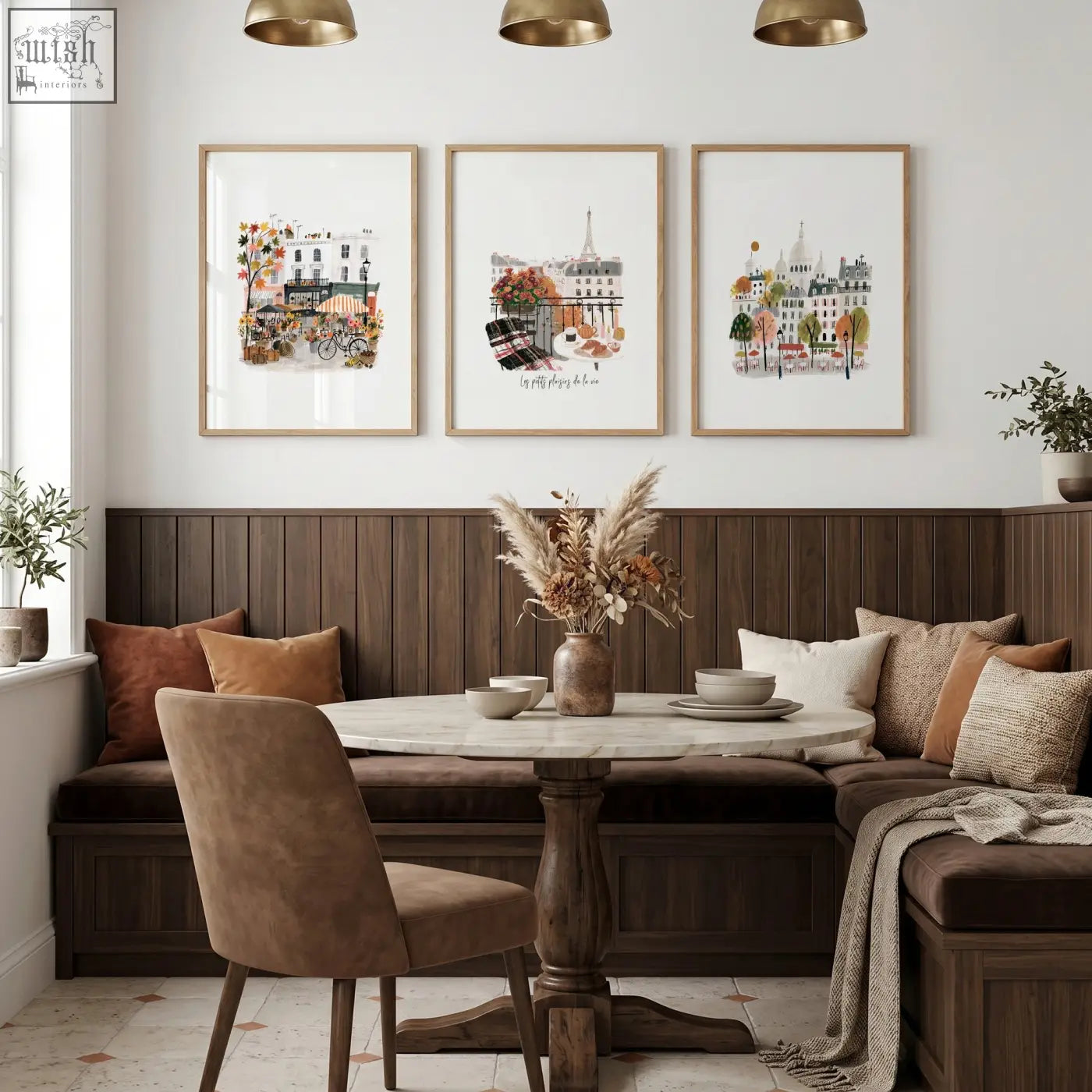 Round marble table with dark wooden pedestal base beside paris wall art autumn parisian scenes set of 3