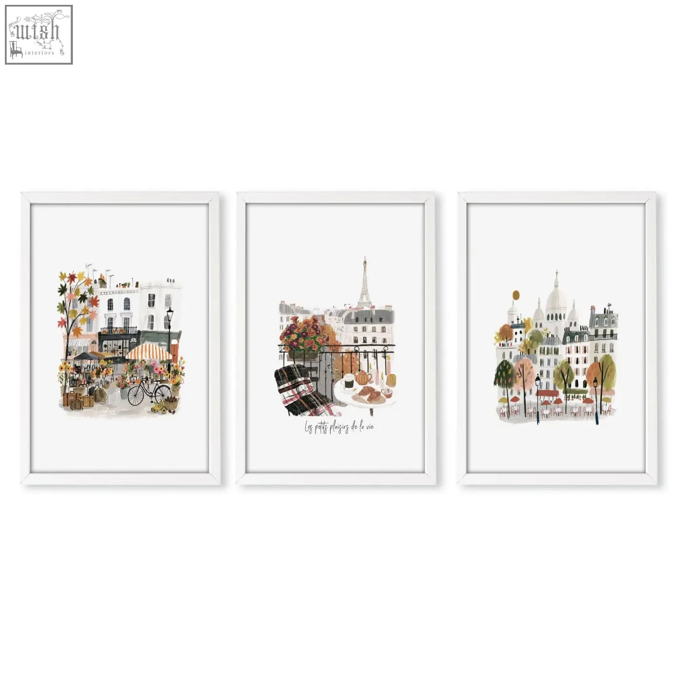 Set of three framed paris wall art prints in soft autumnal tones featuring eiffel tower and parisian scenes