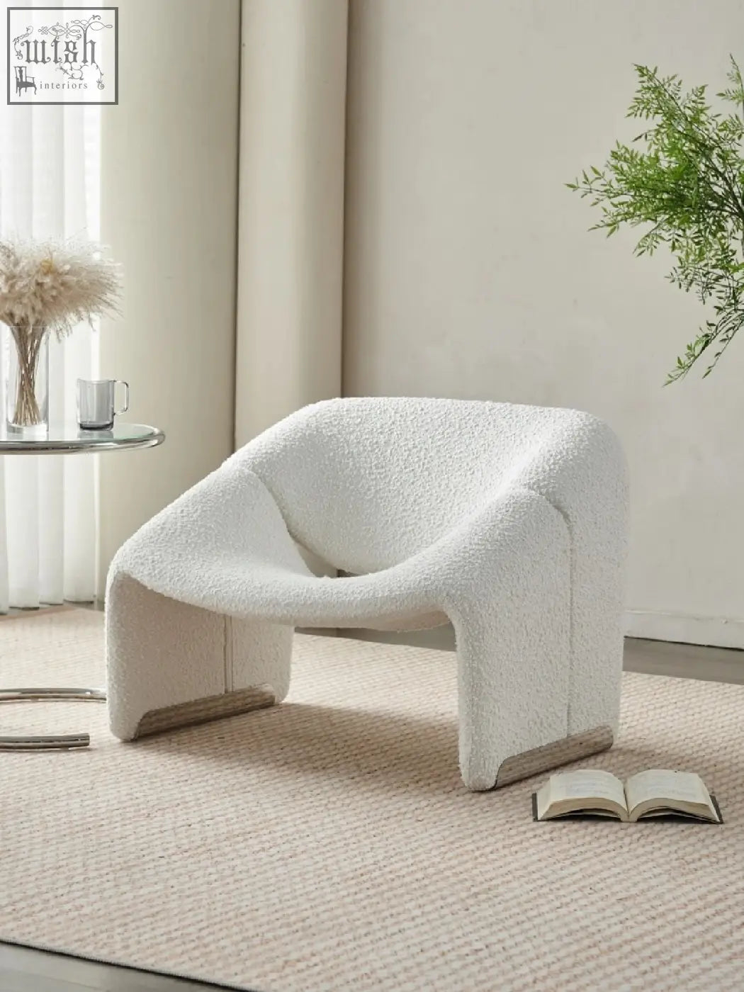White plush paris wawa boucle armchair with soft textured fabric and sleek curved modern design