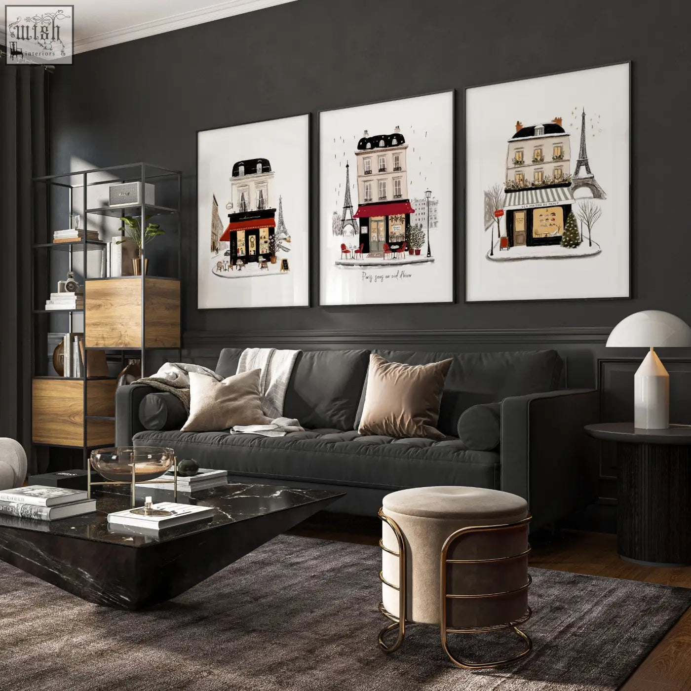 Black marble coffee table with glass bowl and books in a living room featuring paris winter street scene wall art canvas