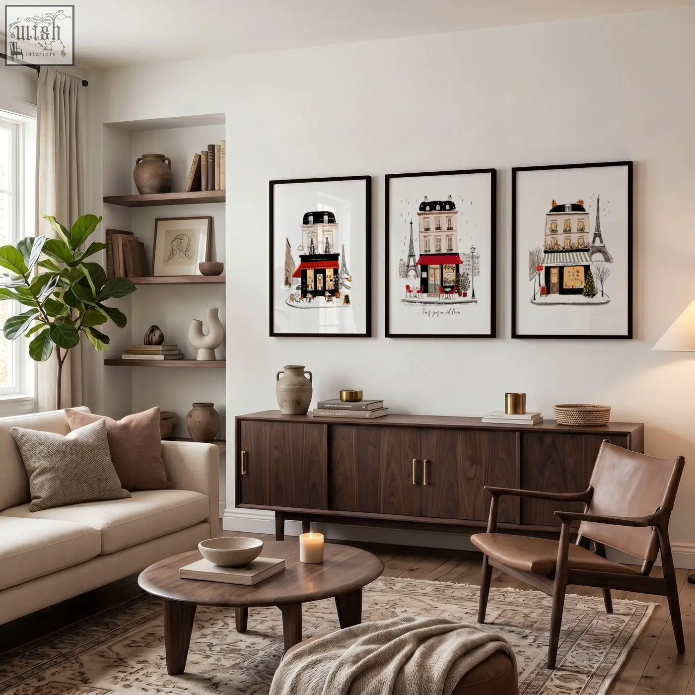 Three parisian-themed framed wall art with black frames and red awnings perfect for living room wall decor