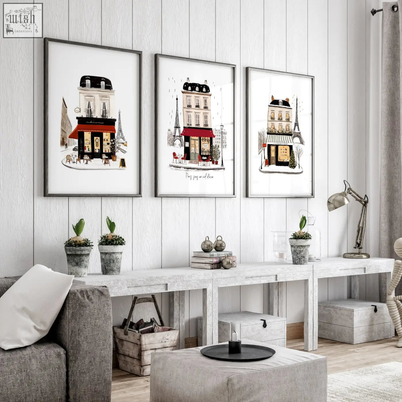 Three framed parisian café-themed wall art prints with black red beige buildings for living room wall decor