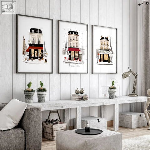 Three framed parisian café-themed wall art prints with black red beige buildings for living room wall decor