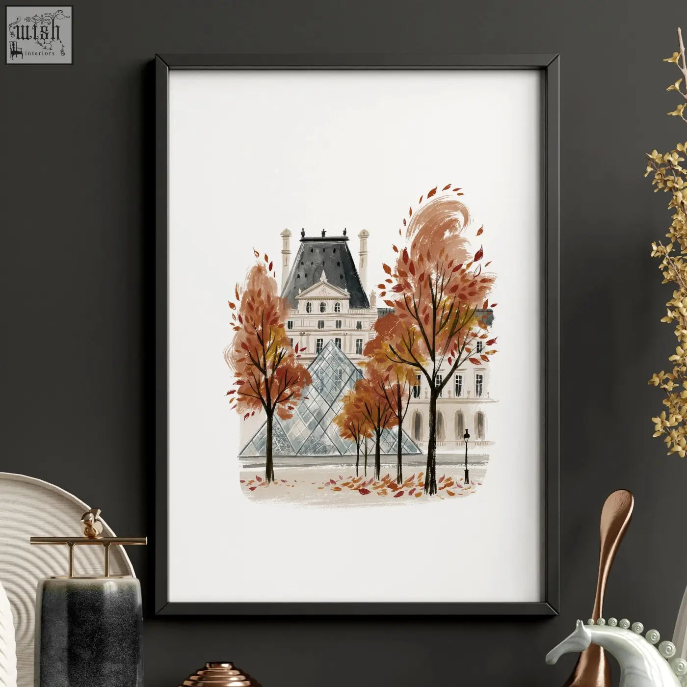 Black-framed watercolor wall art of the louvre with autumn trees and glass pyramid for living room wall decor