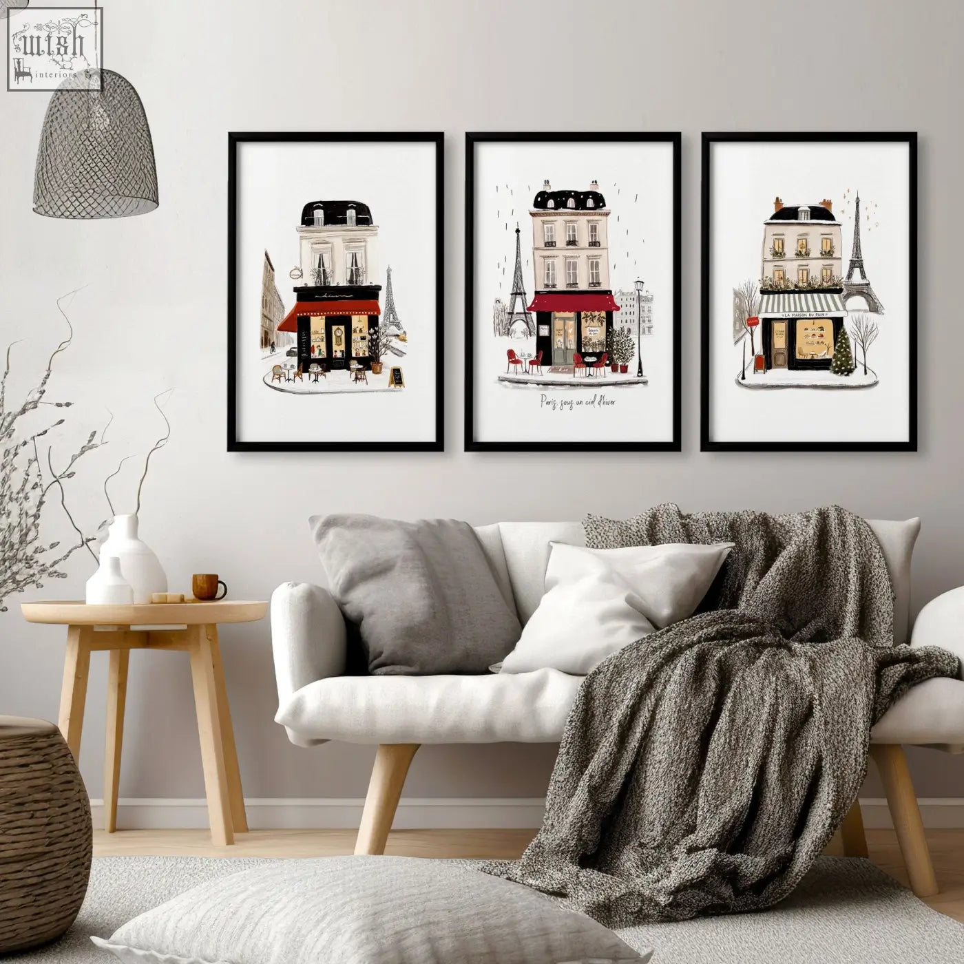 Three framed paris winter street scene illustrations with red awnings and eiffel tower wall art for living room wall