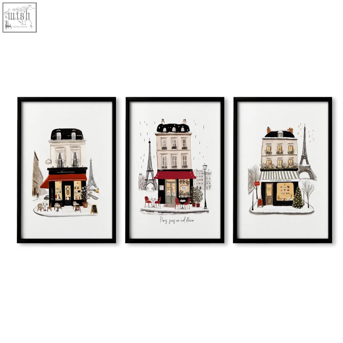 Set of three black-framed parisian café wall art prints for living room wall featuring winter street scenes