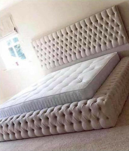 Beige tufted upholstered park lane bed frame with matching headboard and footboard perfect for stylish bedrooms