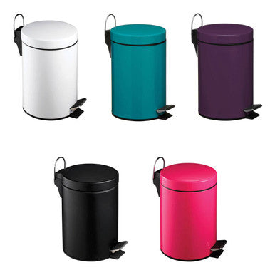 Set of five modern parker white litre pedal bin in white teal purple black and pink with pedal opening mechanism