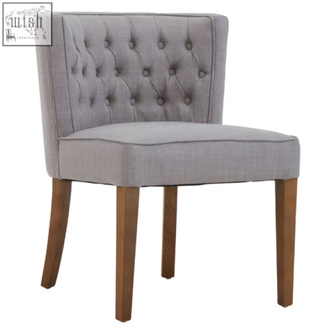 Gray tufted parkside grey fabric curved dining chair with wooden legs for stylish dining room seating