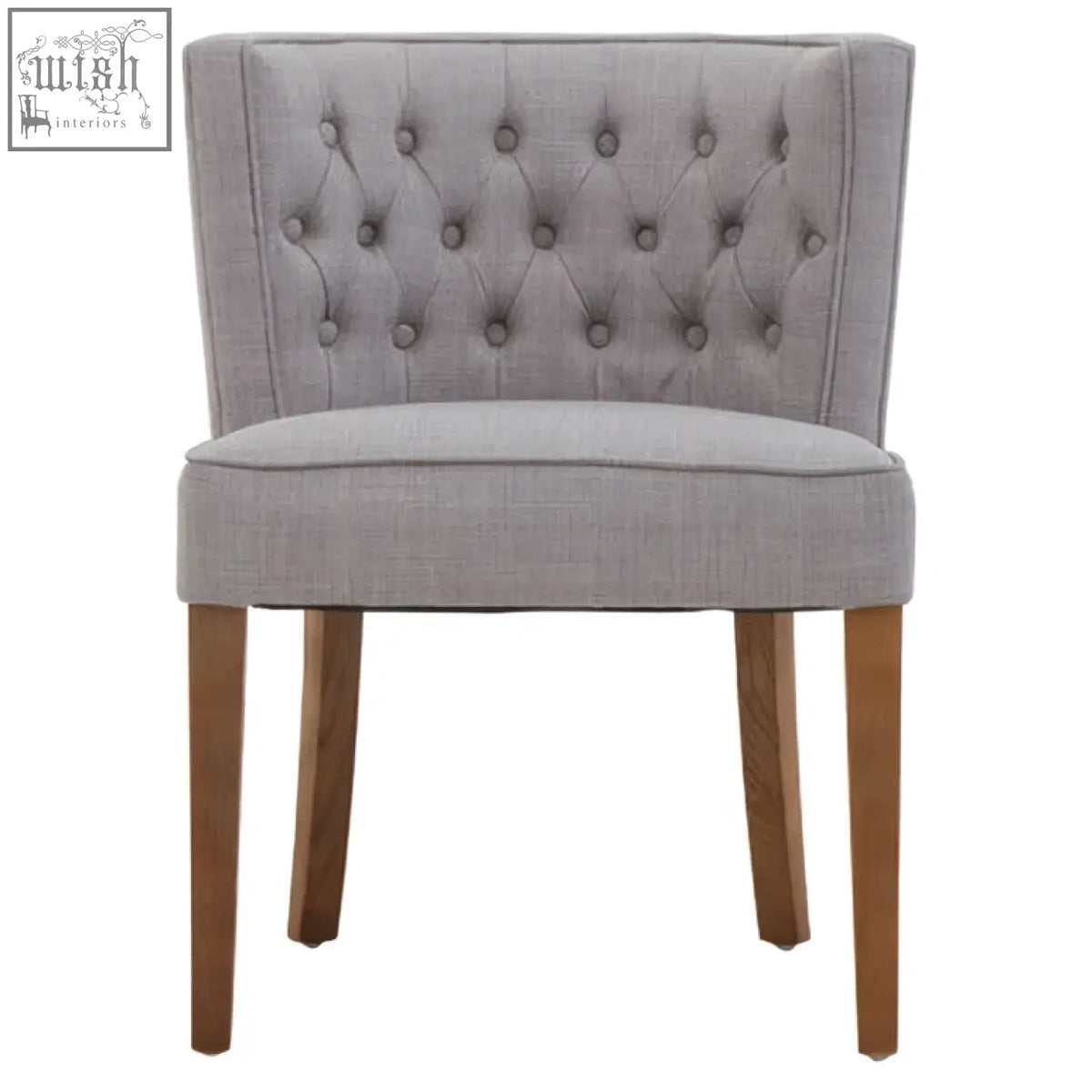 Parkside grey fabric curved dining chair with grey tufted fabric and wooden legs for stylish dining seating