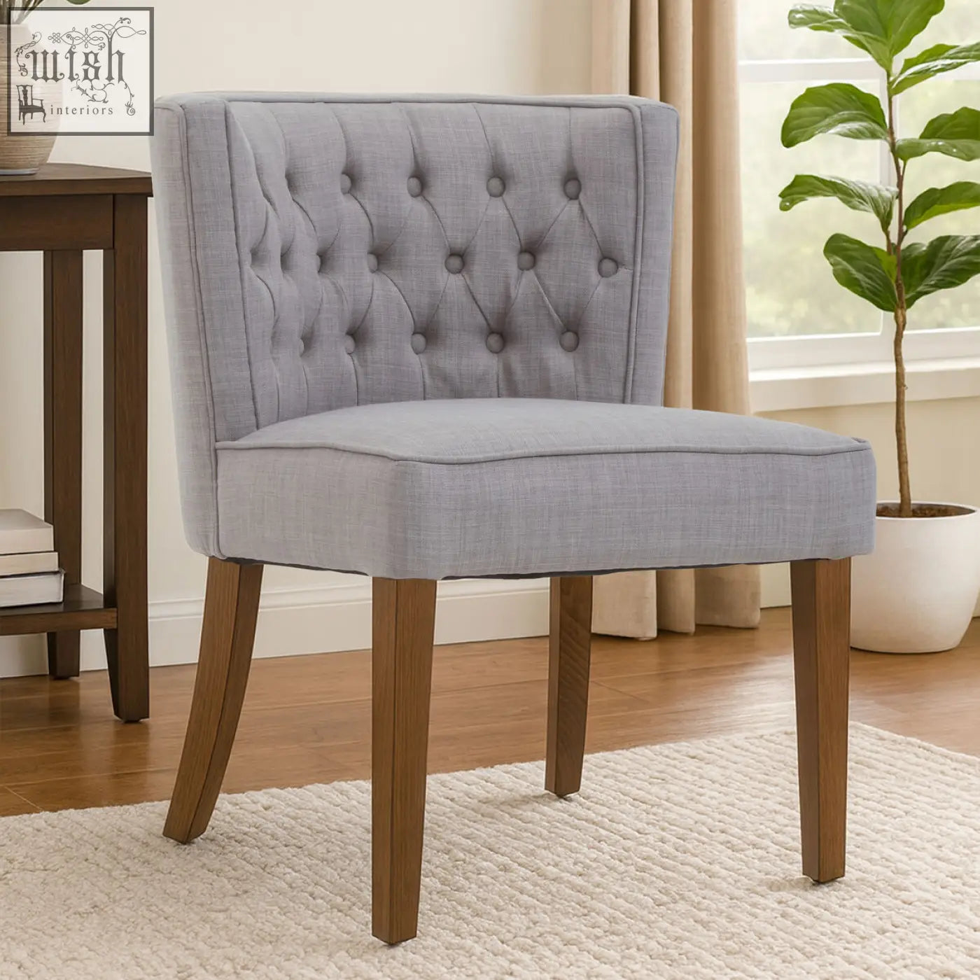 Parkside grey fabric curved dining chair with grey tufted fabric and wooden legs for stylish dining spaces
