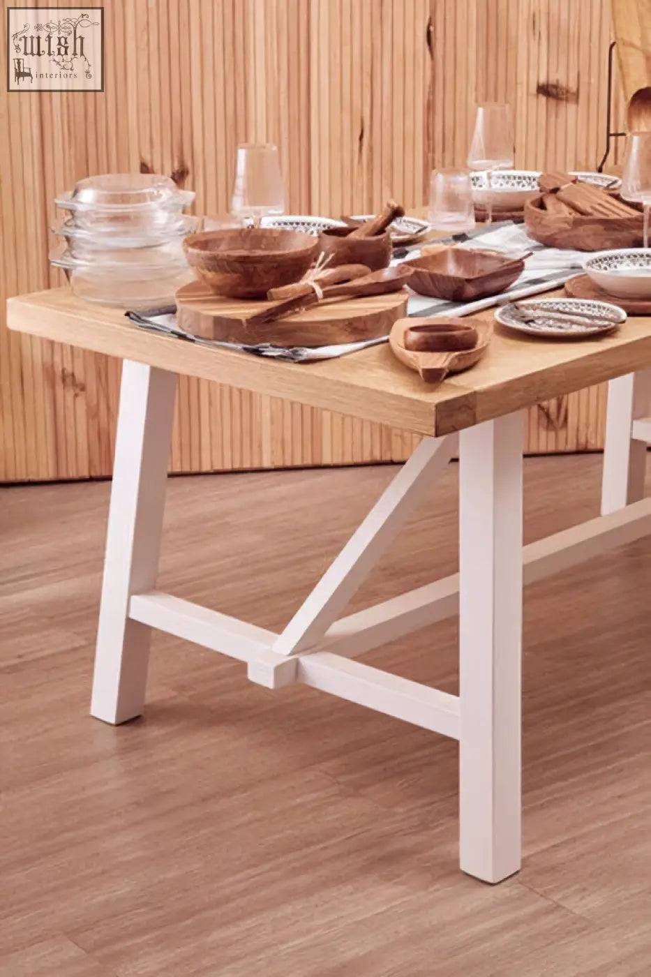 Parkside natural oak dining table with light wood top and white painted legs in rustic farmhouse style oak dining table