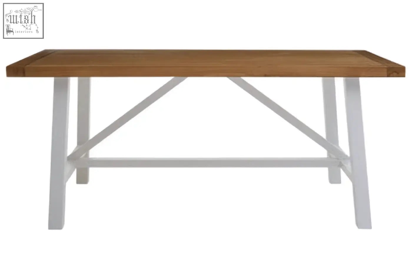 Parkside natural oak dining table with a light brown wooden top and white metal legs with x-shaped cross-brace design