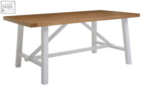 Rustic parkside natural oak dining table with x-brace white metal legs for a stylish natural oak dining space