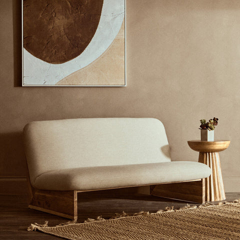 Parova Cream Linen Textured 2 Seater Armless Sofa With Wood Base
