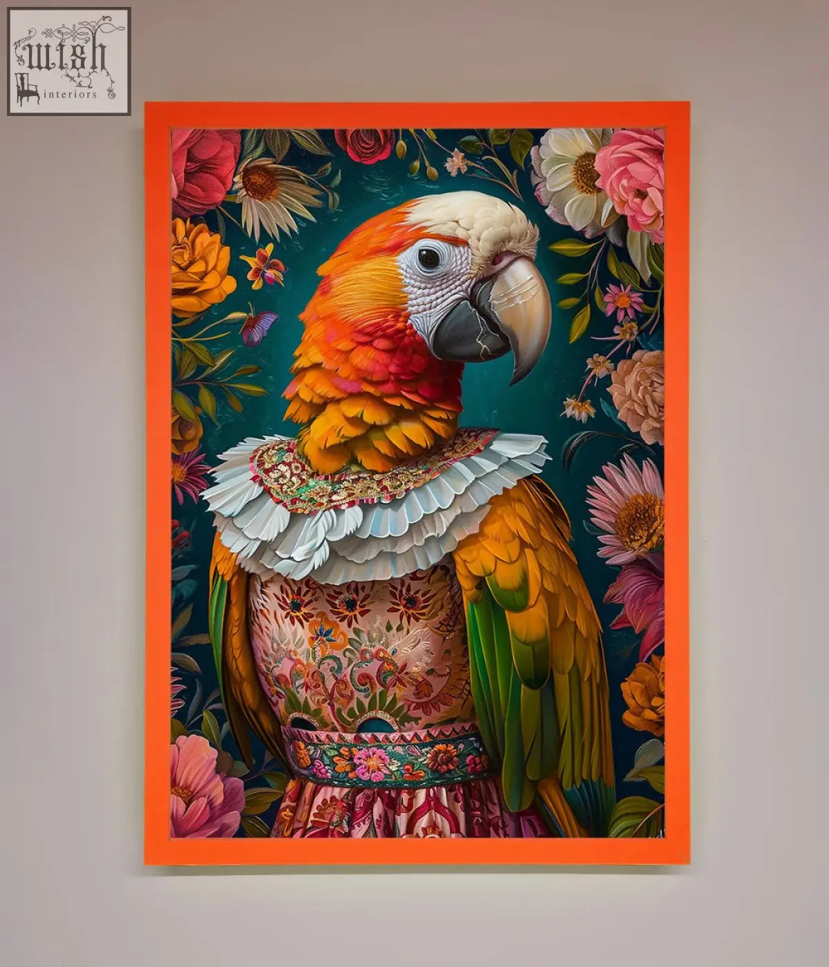 A vibrant parrot renaissance stare framed wall art with orange yellow body green wings and bold orange borders