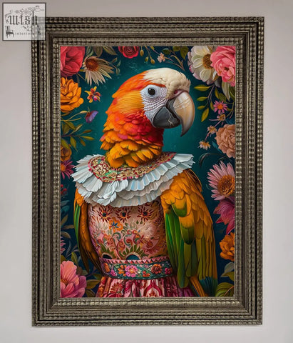 A vibrant parrot renaissance stare framed wall art shows a colorful parrot in an ornate floral gown with lace collar and belt