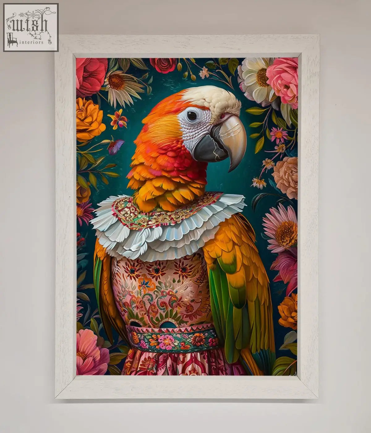 A vibrant parrot renaissance stare portrait in a white frame perfect for elegant stare framed wall decor