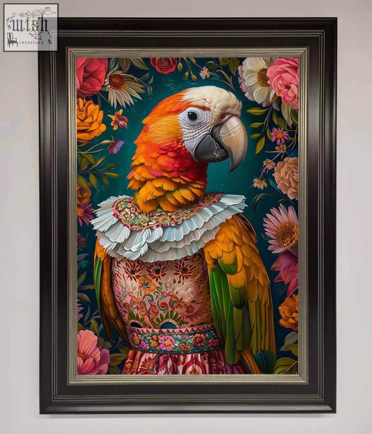 A vibrant parrot renaissance stare in a floral gown with ruffled collar featured in a renaissance stare framed wall art