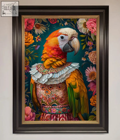 A vibrant parrot renaissance stare framed wall art featuring an ornately dressed bird in a floral gown and ruffled collar