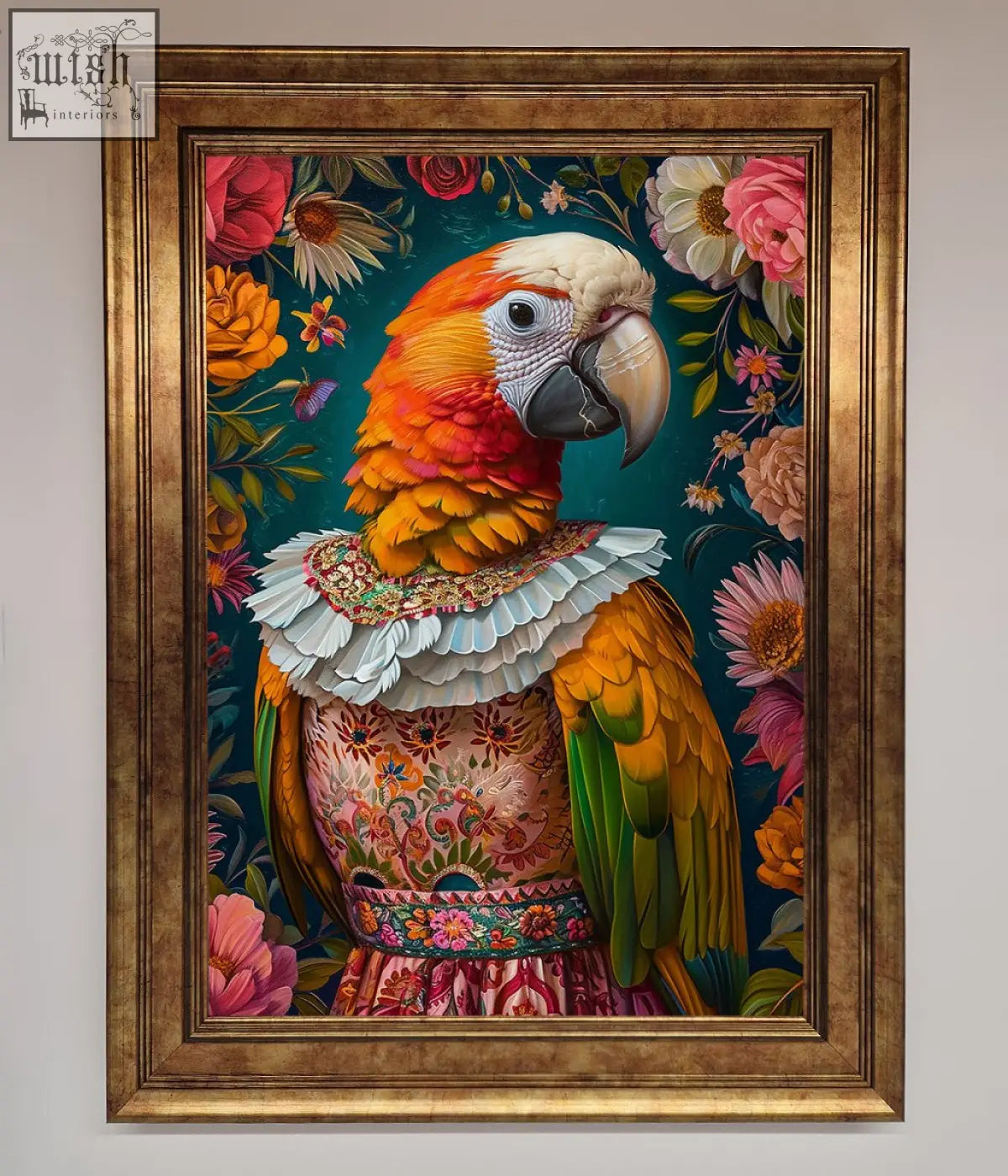 A vibrant parrot renaissance stare framed wall art with colorful gown and ornate floral pattern in a wooden frame