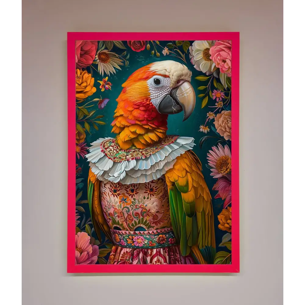 Parrot Renaissance Stare Framed Wall Art - B0 (100 x 141 cm) / Neon Pink - Framed Print