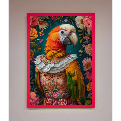 Parrot Renaissance Stare Framed Wall Art - B0 (100 x 141 cm) / Neon Pink - Framed Print