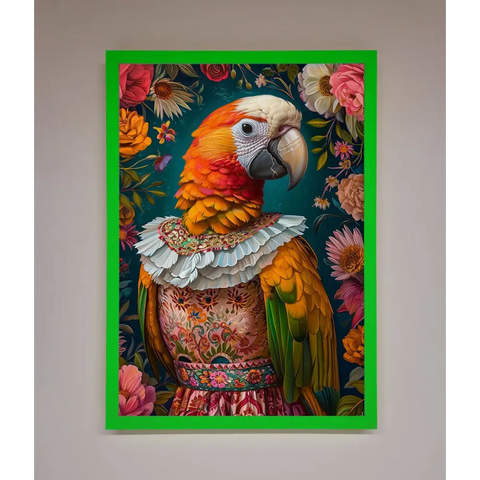 Parrot Renaissance Stare Framed Wall Art - B0 (100 x 141 cm) / Neon Dark Green - Framed Print