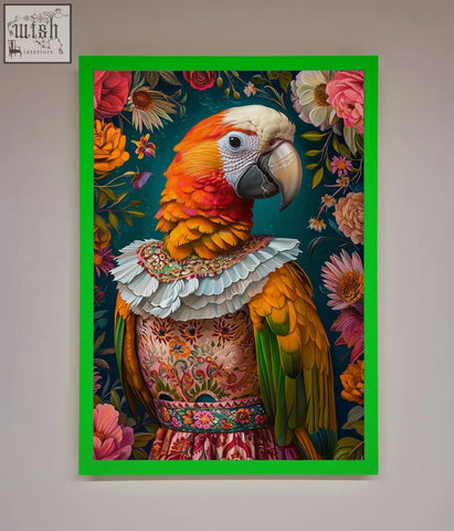 A vibrant parrot renaissance stare framed wall art featuring a colorful parrot in an ornate floral gown and lace collar