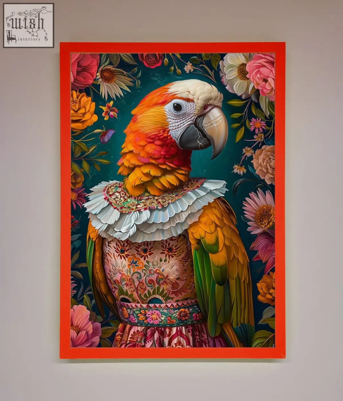 A parrot renaissance stare framed wall art featuring a vibrant red-orange and green parrot in an embroidered floral dress